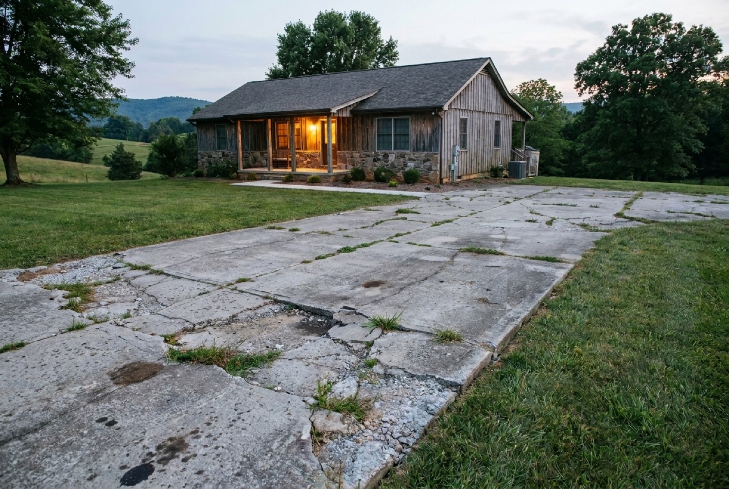 Old cracked, sunken concrete driveway before replacement