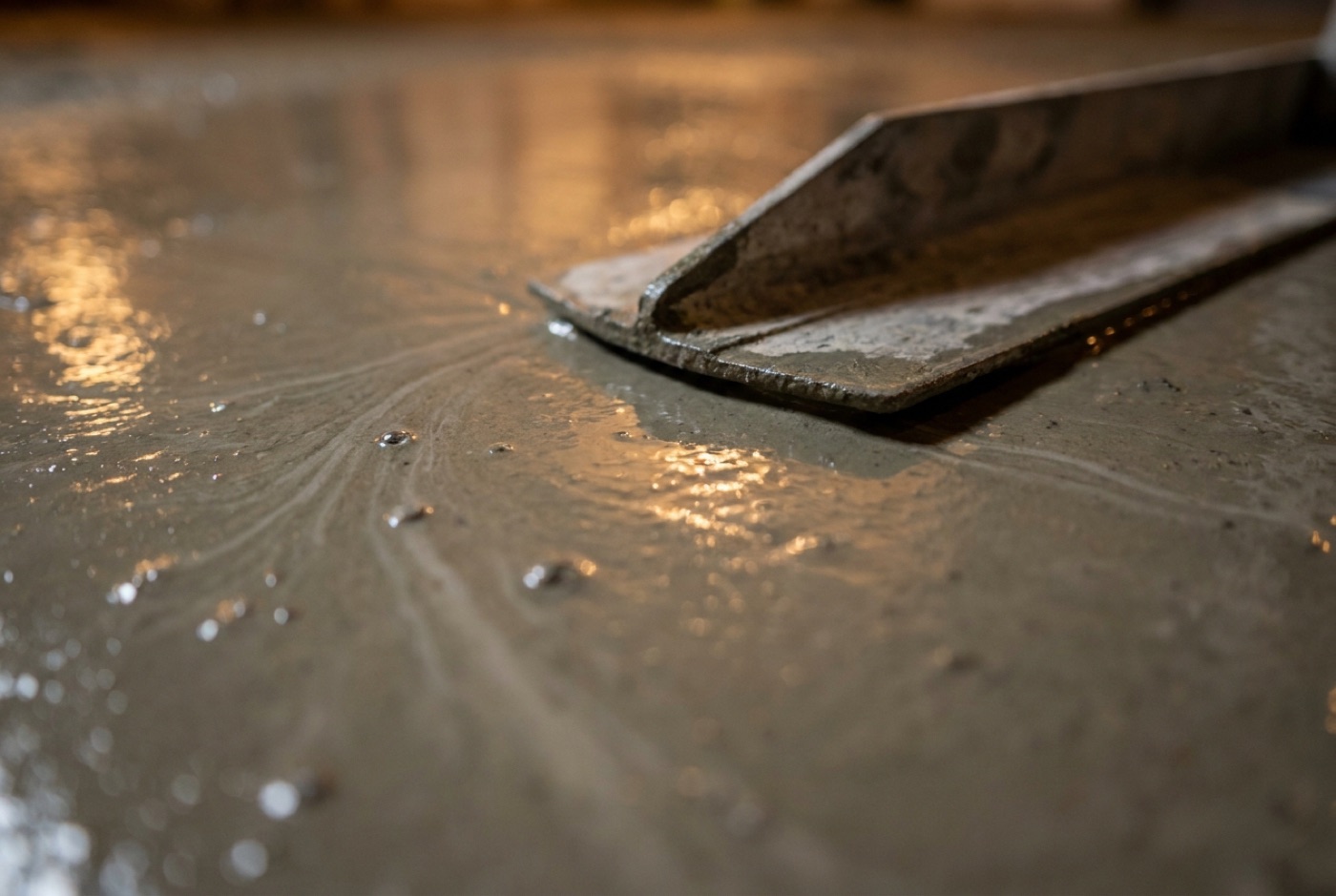 Close-up of a crew hand-finishing the surface of a fresh concrete pour with a bull float