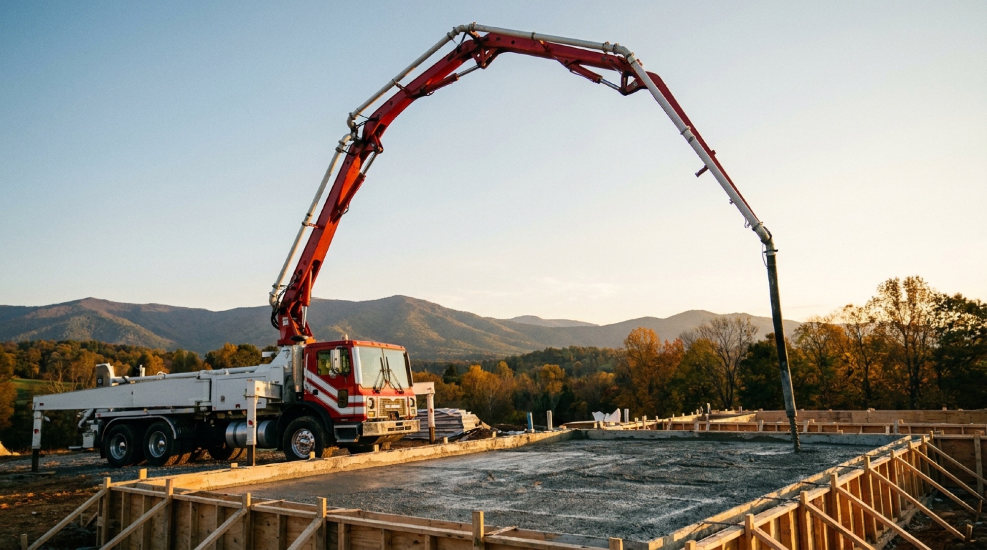 Bowman Griffin boom pump truck placing concrete into a formed foundation, boom arm extended over the site with the Blue Ridge mountains behind